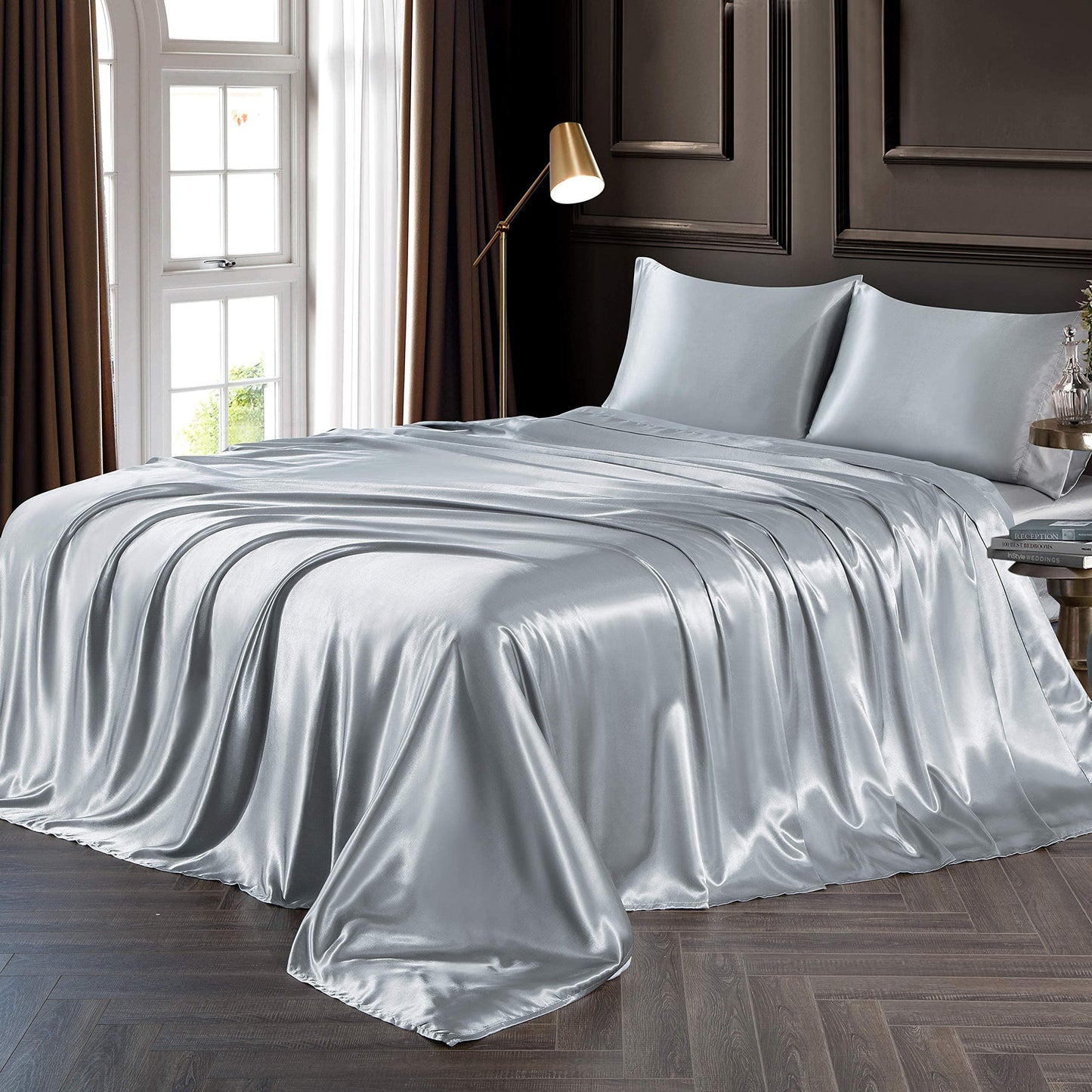 Chvonttow 4 Piece Satin Sheets Queen Size Luxury Silky Satin Bed Sheets Set Wrinkle Fade Stain Resistant 1 Deep Pocket Fitted Sheet + 1 Flat Sheet + 2 Pillowcases (Light Grey)