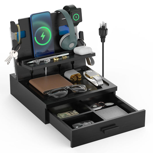 sandpaint Nightstand Organizer for Men Bedside Nightstand Organizer with Drawer Wood Docking Station with USB Ports and AC Outlets Gifts for Men Holds Phone Tablet Keys Glasses Earphones Etc