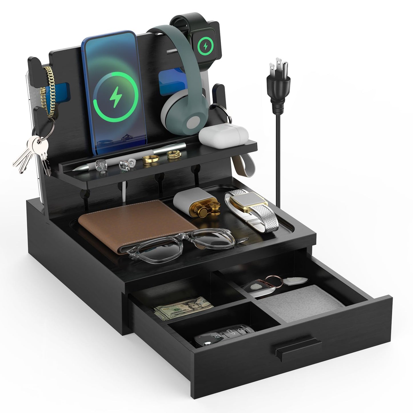 sandpaint Nightstand Organizer for Men Bedside Nightstand Organizer with Drawer Wood Docking Station with USB Ports and AC Outlets Gifts for Men Holds Phone Tablet Keys Glasses Earphones Etc